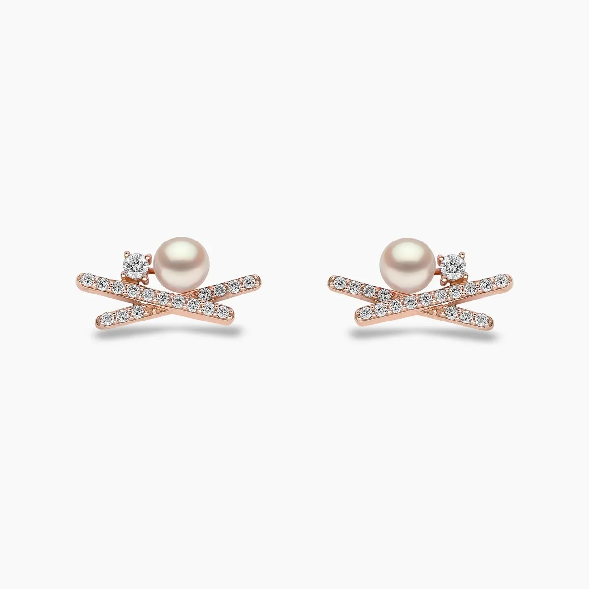 Sleek 18K Gold Pearl and Mini Diamond Cross Stud Earrings