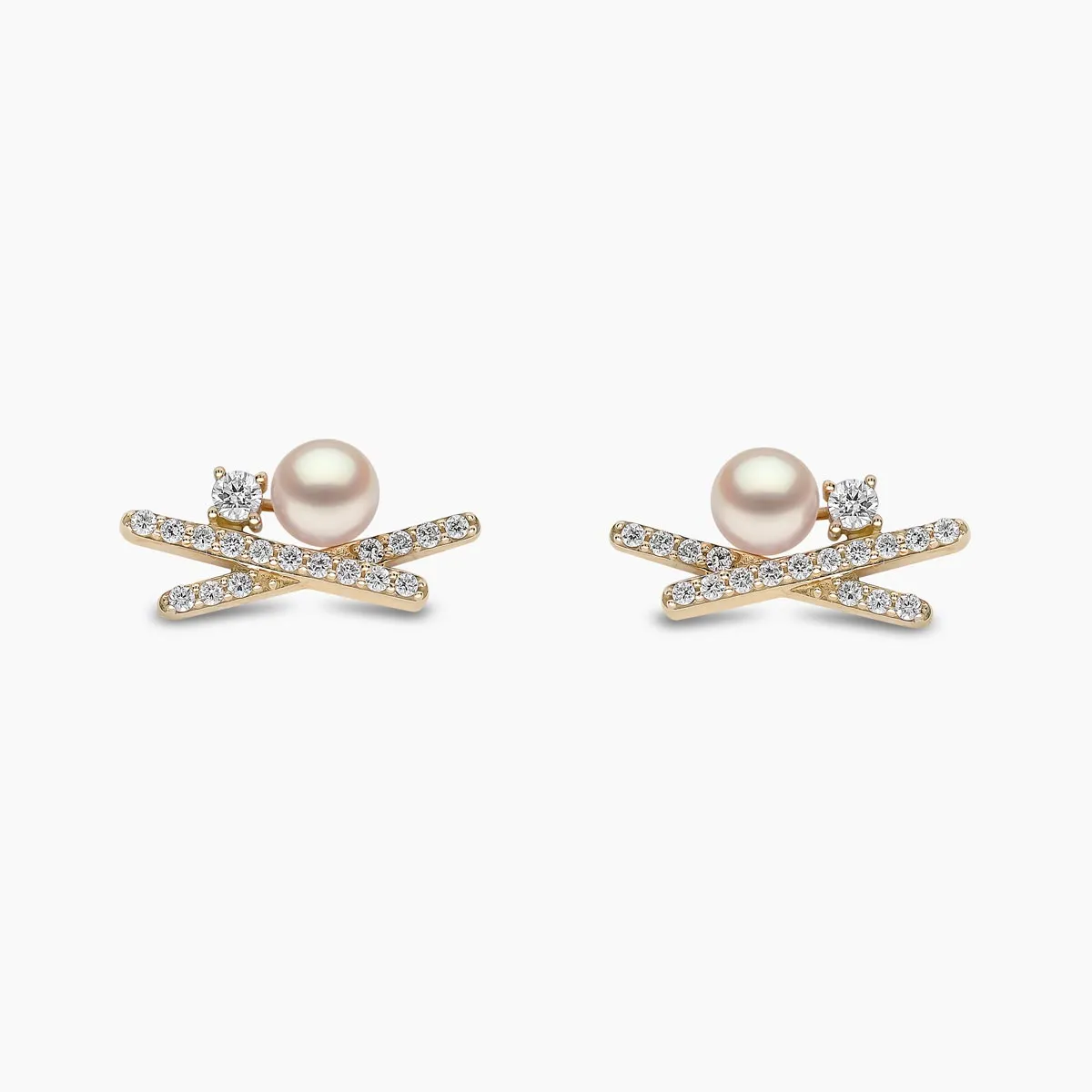 Sleek 18K Gold Pearl and Mini Diamond Cross Stud Earrings