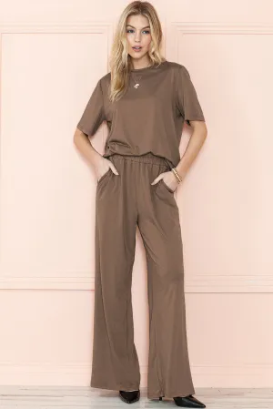 Smoke Gray Solid Color T-Shirt and Wide Leg Pants Set