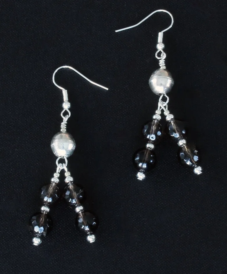 Smoky Quartz Faceted Rounds 2-Strand Earrings with Sterling Silver