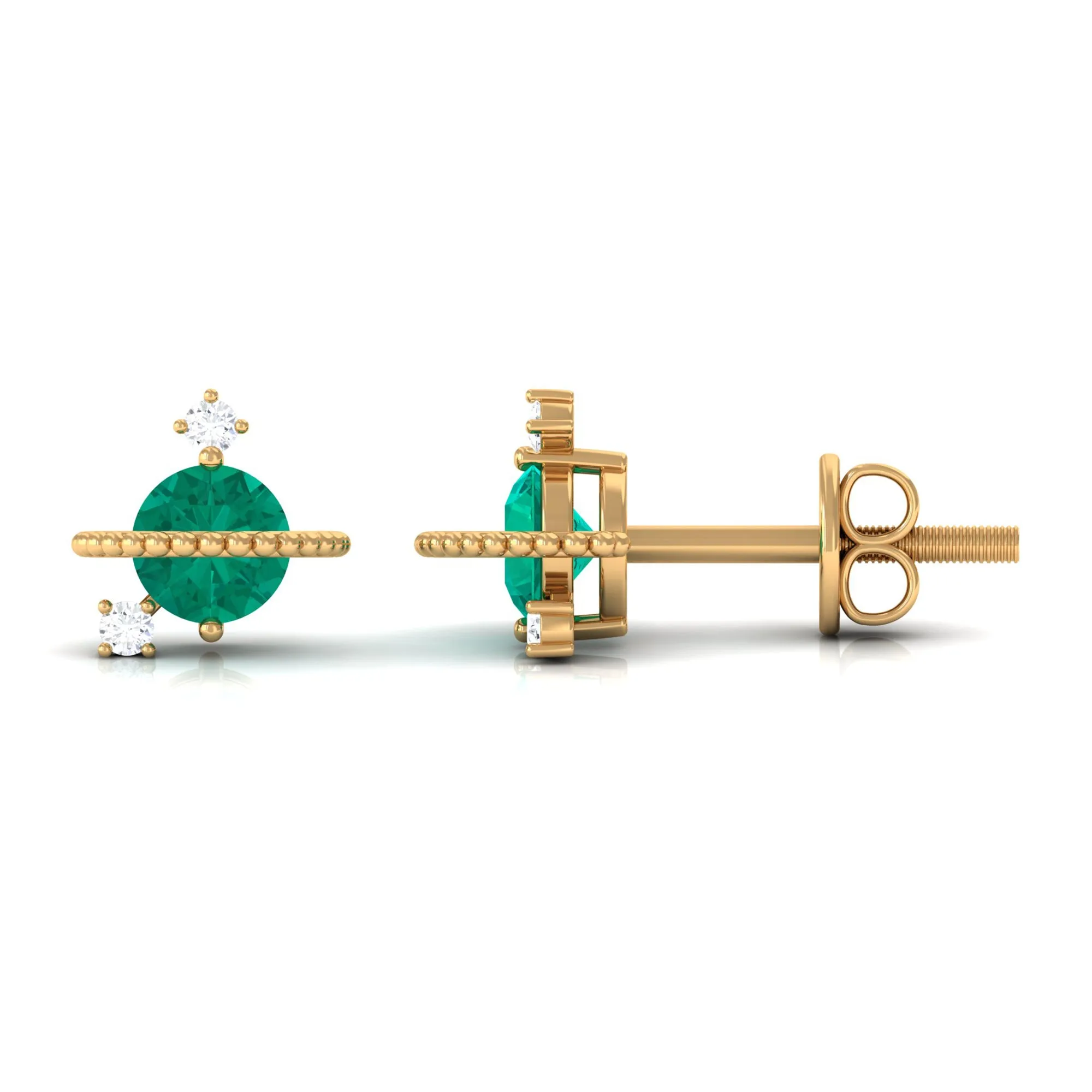 Solitaire Emerald and Diamond Contemporary Stud Earrings