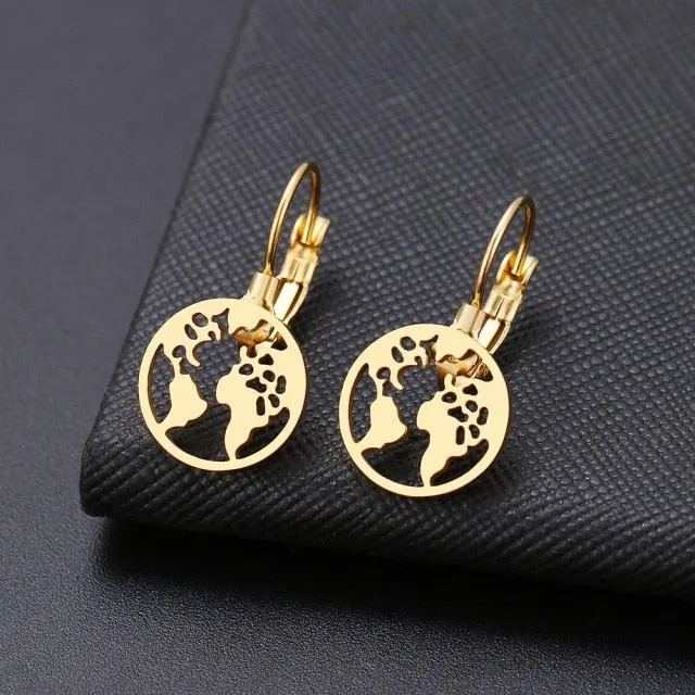 Stainless Steel Jewelry World Map Dangle Earrings For Women in Gold Color and Silver Color