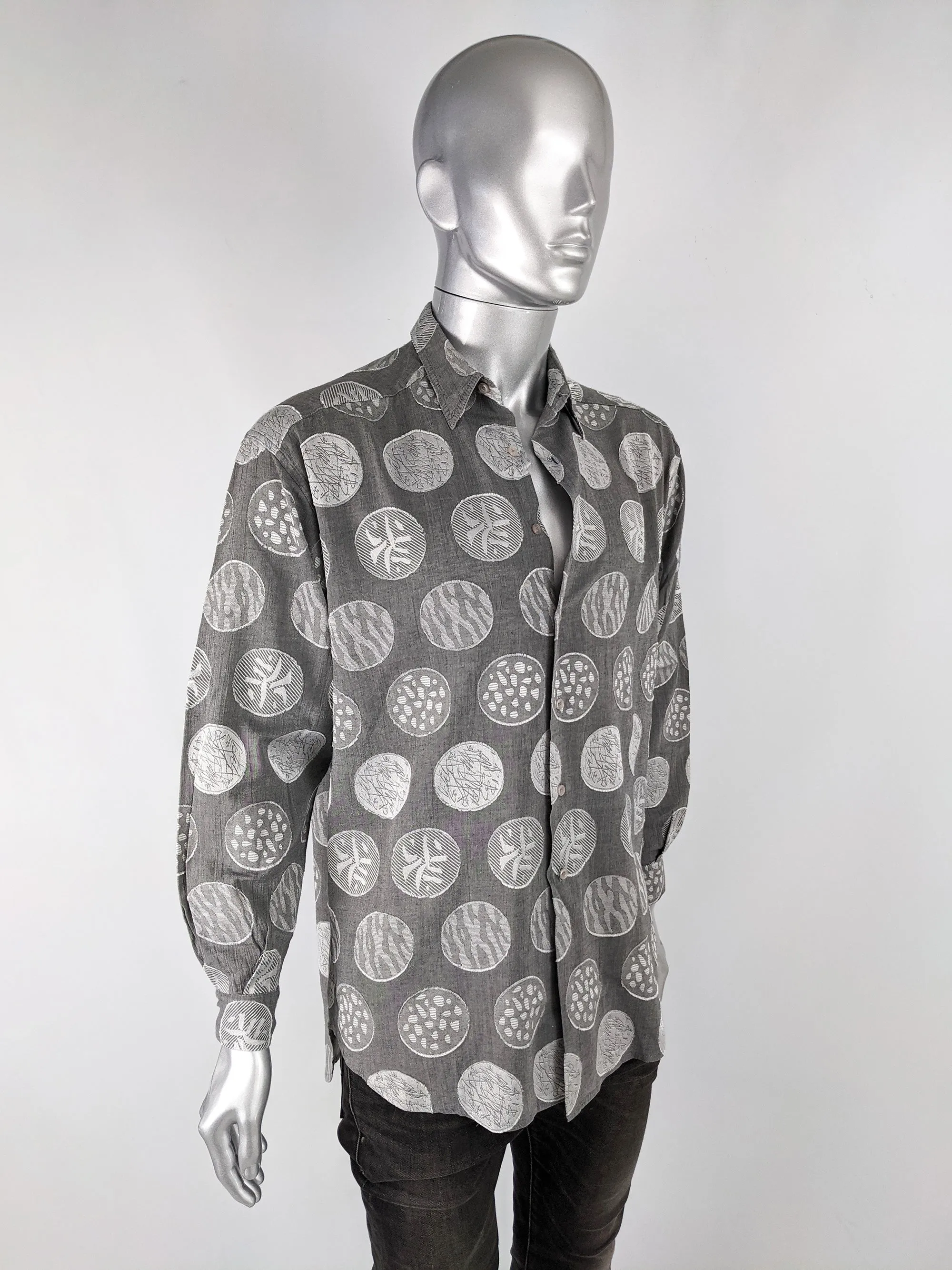 Stephen King Vintage Mens Grey & Silver Jacquard Shirt, 1980s