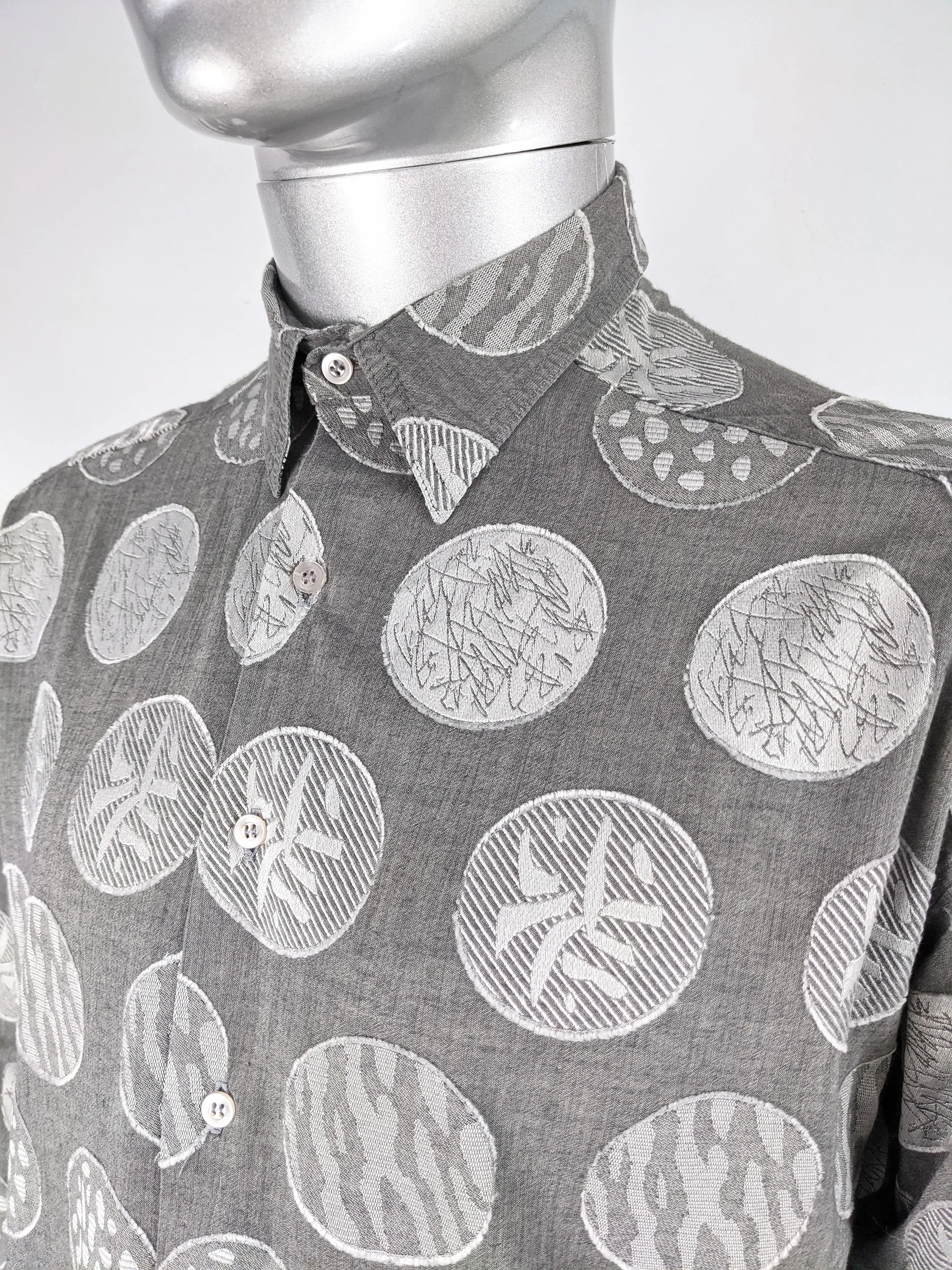 Stephen King Vintage Mens Grey & Silver Jacquard Shirt, 1980s