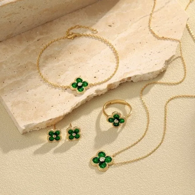 Sterling Silver Gold Plated Green Lucky 4 Leaf Earrings ERLE078