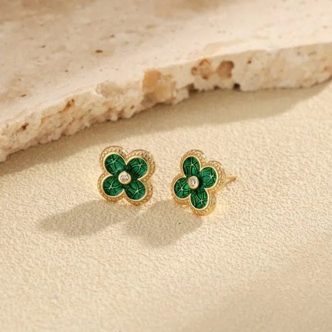 Sterling Silver Gold Plated Green Lucky 4 Leaf Earrings ERLE078