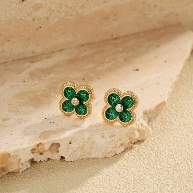 Sterling Silver Gold Plated Green Lucky 4 Leaf Earrings ERLE078