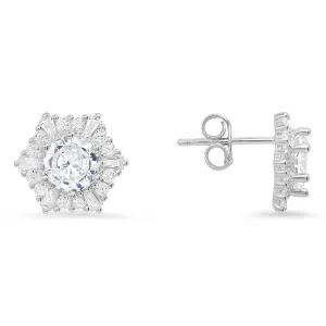 Sterling Silver Hexagon CZ Halo Stud Earrings