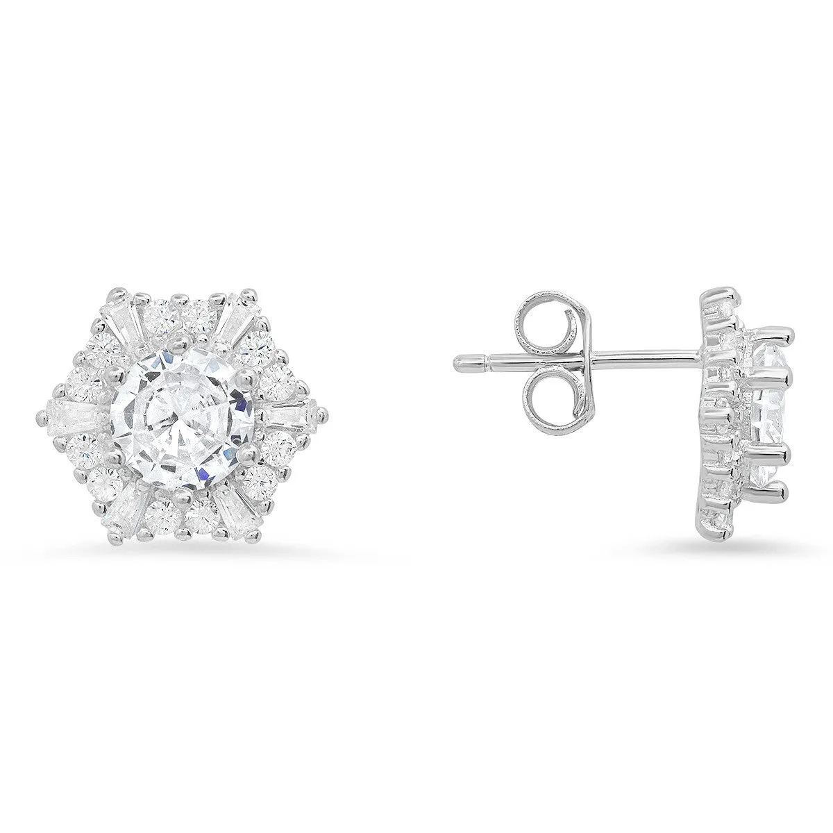 Sterling Silver Hexagon CZ Halo Stud Earrings