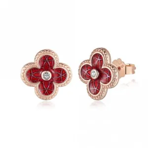 Sterling Silver Rose Gold Plated Red Lucky 4 Leaf Earrings ERLE077