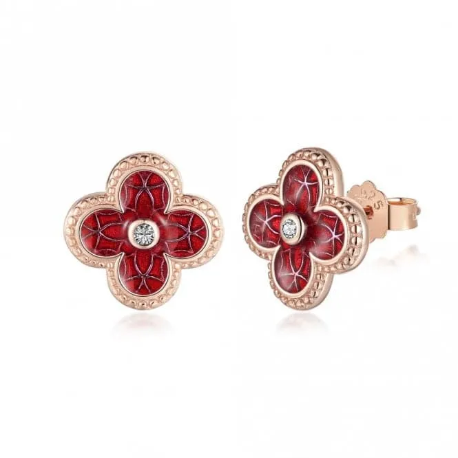 Sterling Silver Rose Gold Plated Red Lucky 4 Leaf Earrings ERLE077