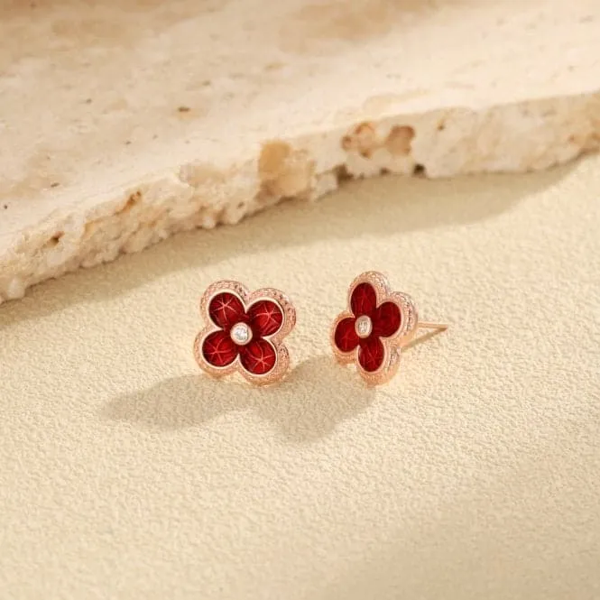 Sterling Silver Rose Gold Plated Red Lucky 4 Leaf Earrings ERLE077