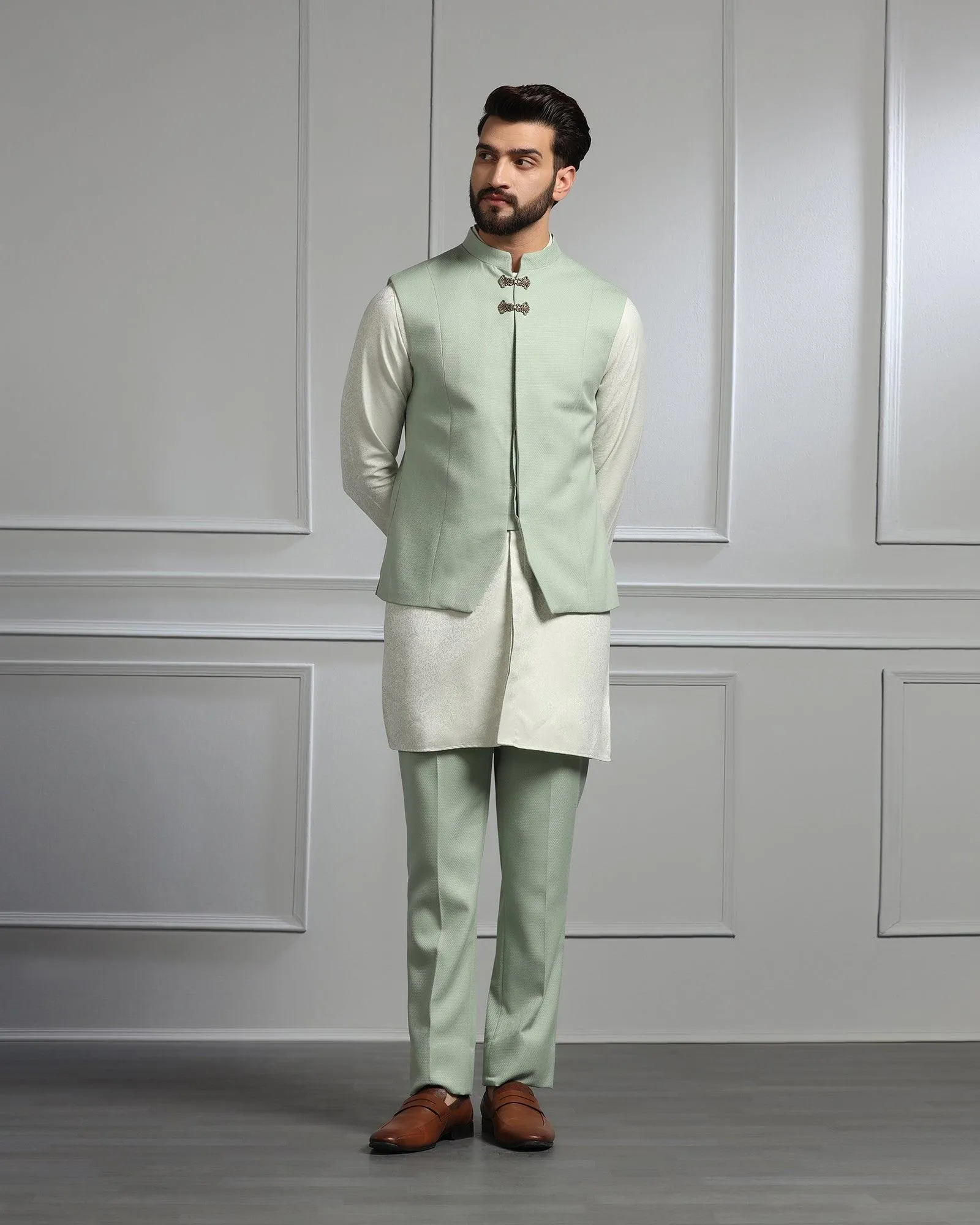 Swarn Three Piece Green Textured Achkan Set - Dodget