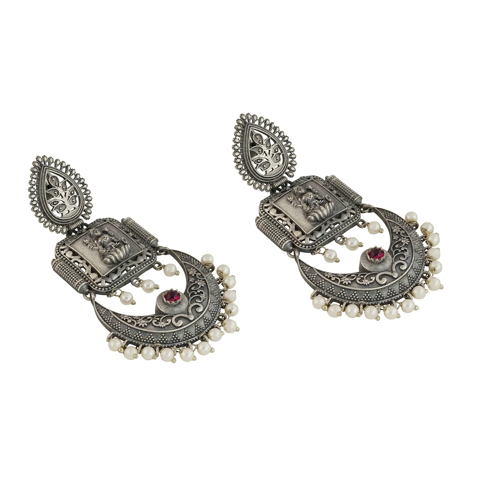 Teejh Evergreen Silver and Pearl Motif Chandbali