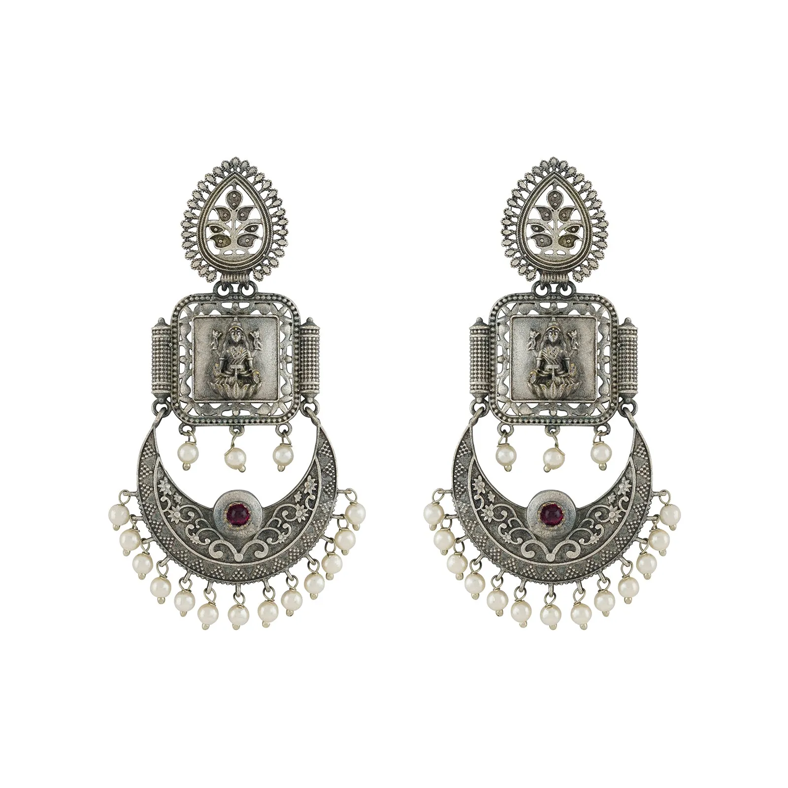 Teejh Evergreen Silver and Pearl Motif Chandbali