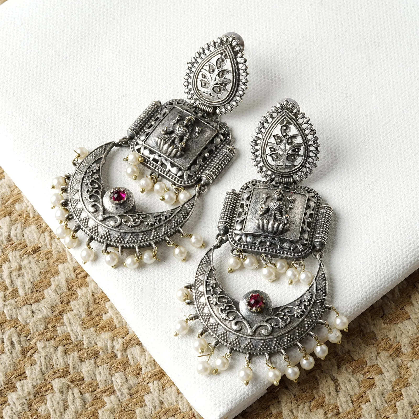 Teejh Evergreen Silver and Pearl Motif Chandbali