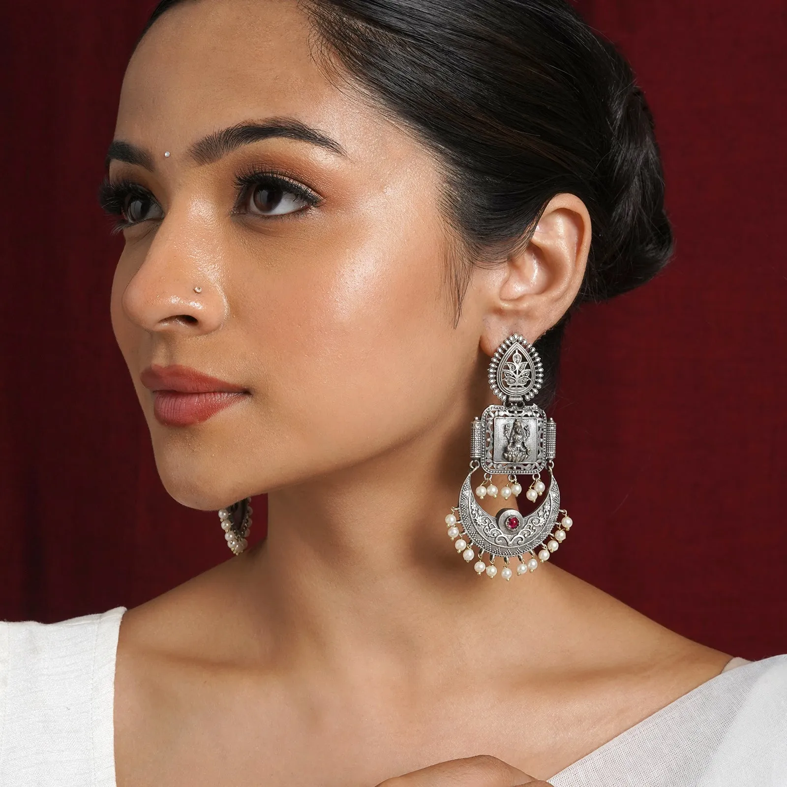 Teejh Evergreen Silver and Pearl Motif Chandbali