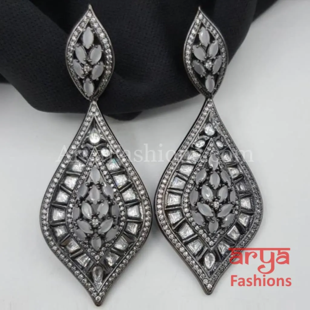 Trisha Gray White Kundan Cubic Zirconia Fusion Earrings