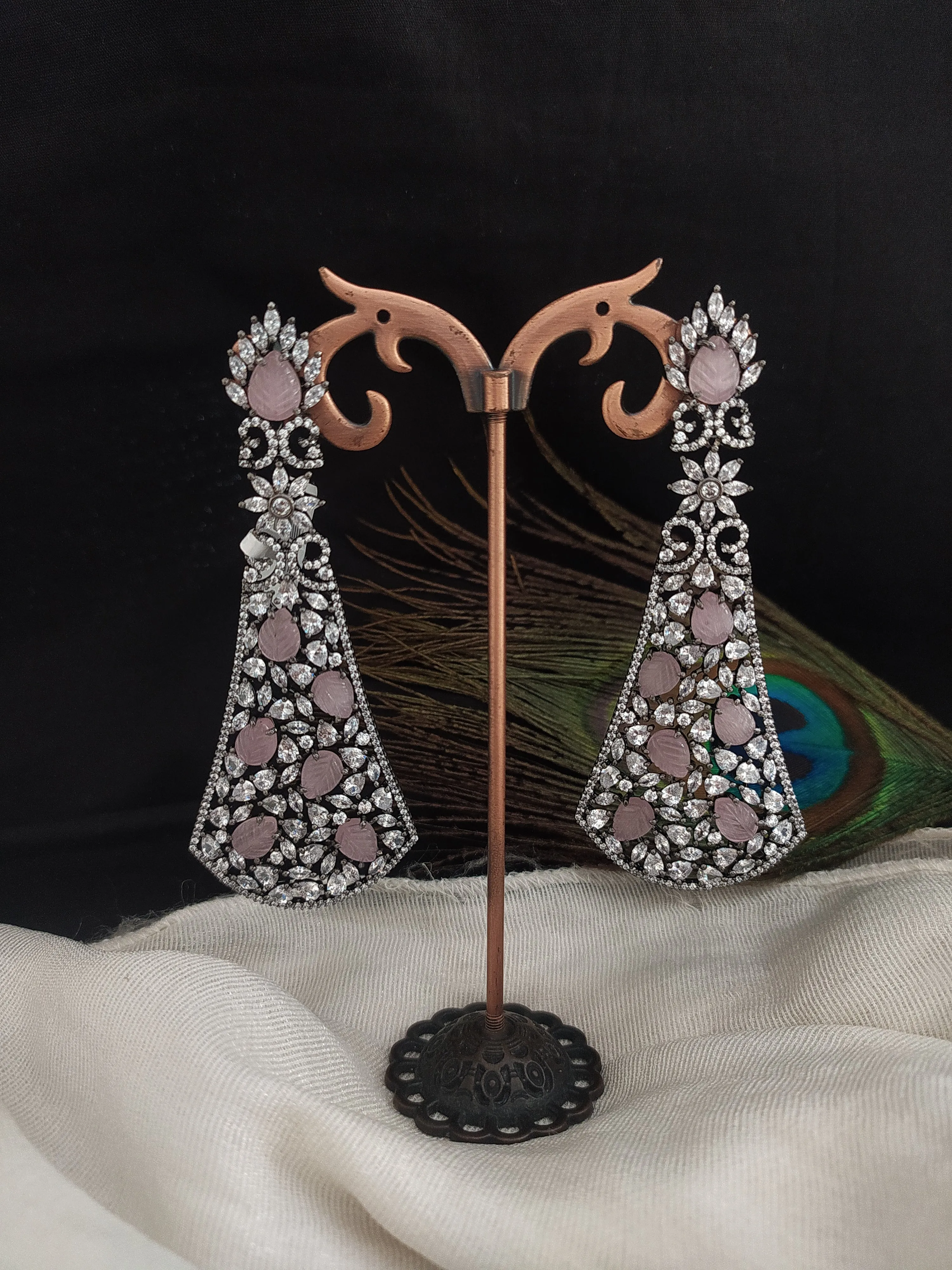 Victorian Finish Long Baby Pink Earrings with Zircon Stones