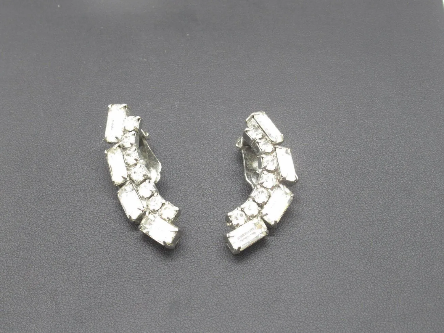 Vintage Deco Rhinestone Curved Clip Earrings