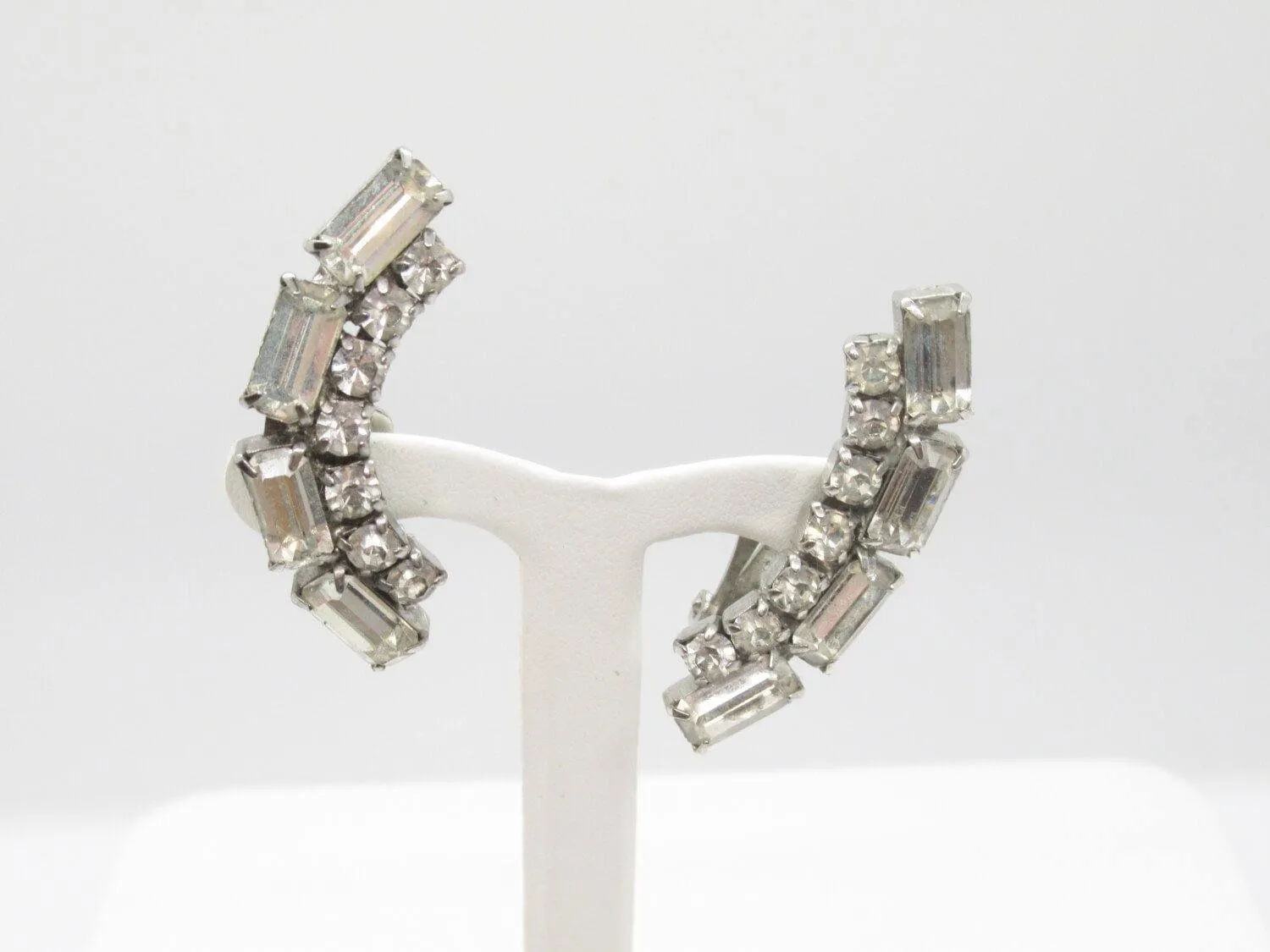 Vintage Deco Rhinestone Curved Clip Earrings