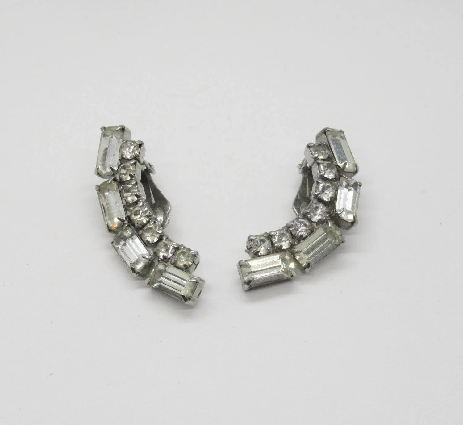 Vintage Deco Rhinestone Curved Clip Earrings