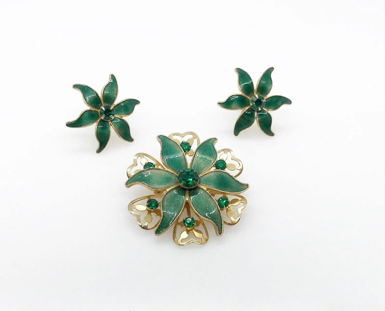 Vintage Green Enamel and Rhinestone Floral Brooch and Earrings