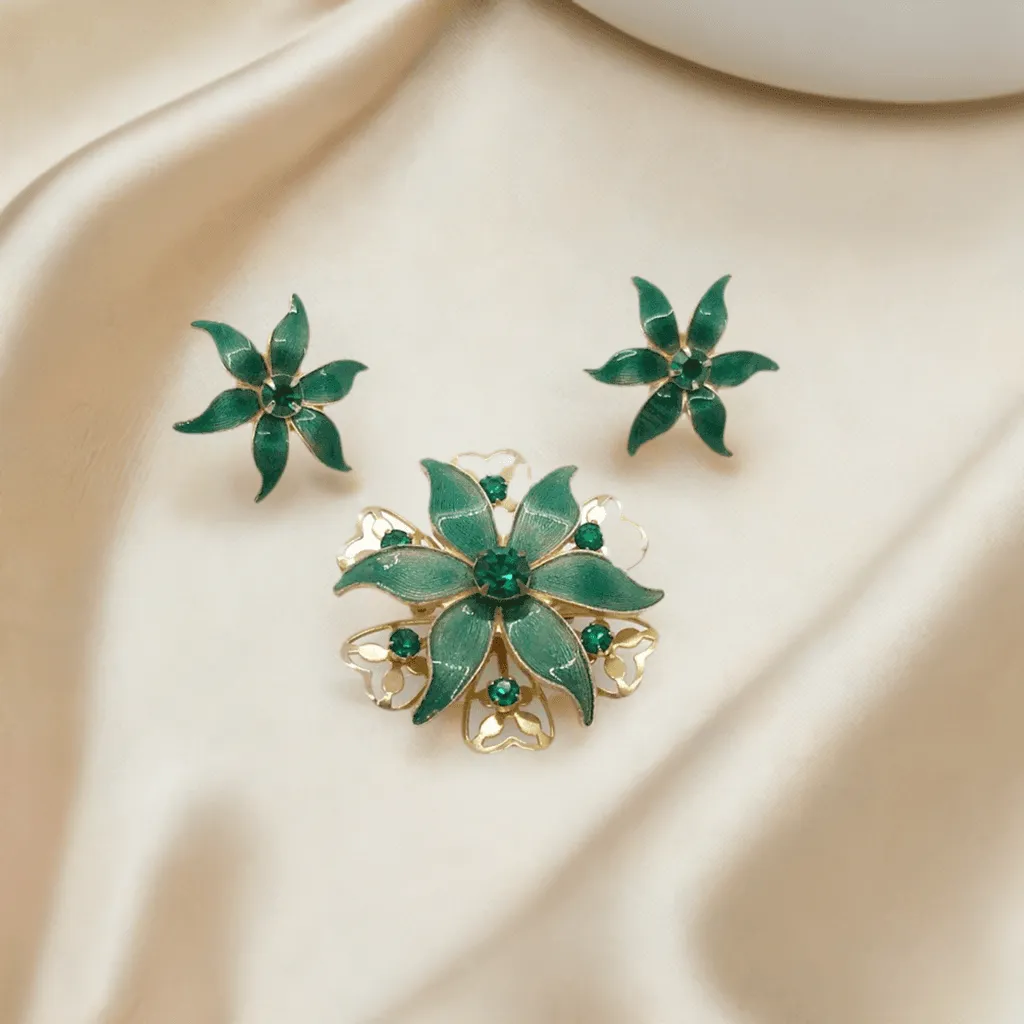 Vintage Green Enamel and Rhinestone Floral Brooch and Earrings