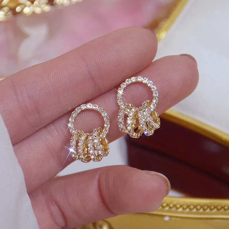 Wedding Jewelry Romantic Flower Stud Earrings for Women with Zircon in Gold Color