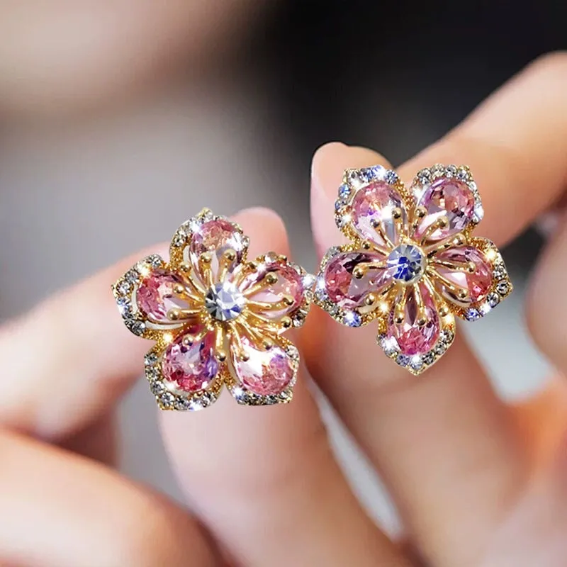 Wedding Jewelry Romantic Flower Stud Earrings for Women with Zircon in Gold Color