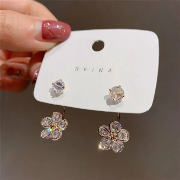 Wedding Jewelry Romantic Flower Stud Earrings for Women with Zircon in Gold Color