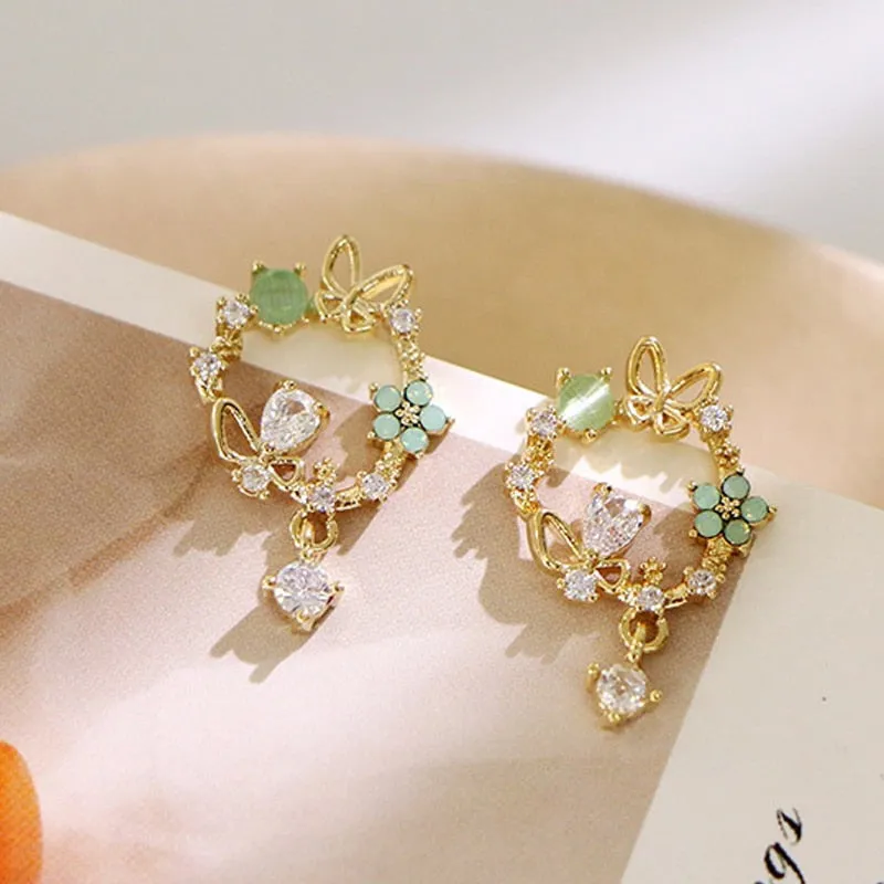 Wedding Jewelry Romantic Flower Stud Earrings for Women with Zircon in Gold Color