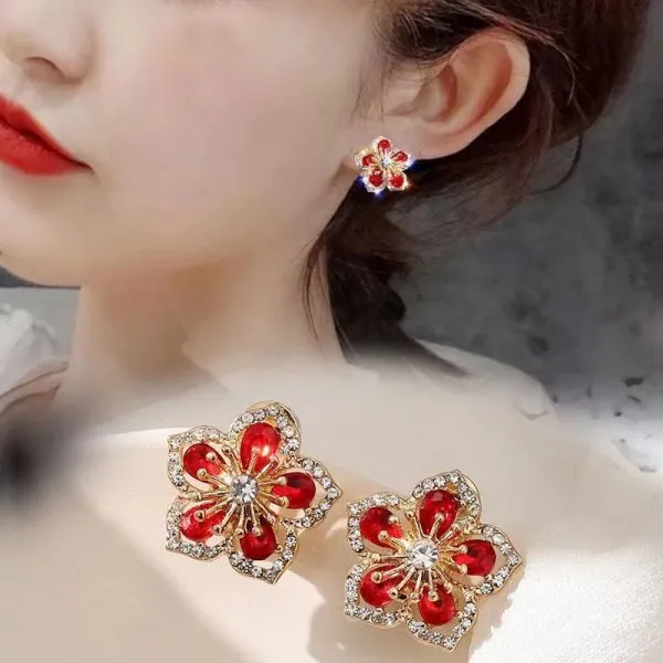 Wedding Jewelry Romantic Flower Stud Earrings for Women with Zircon in Gold Color