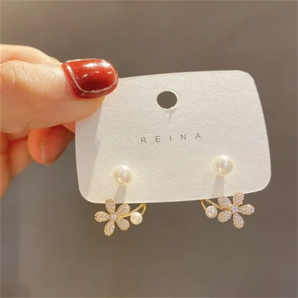 Wedding Jewelry Romantic Flower Stud Earrings for Women with Zircon in Gold Color