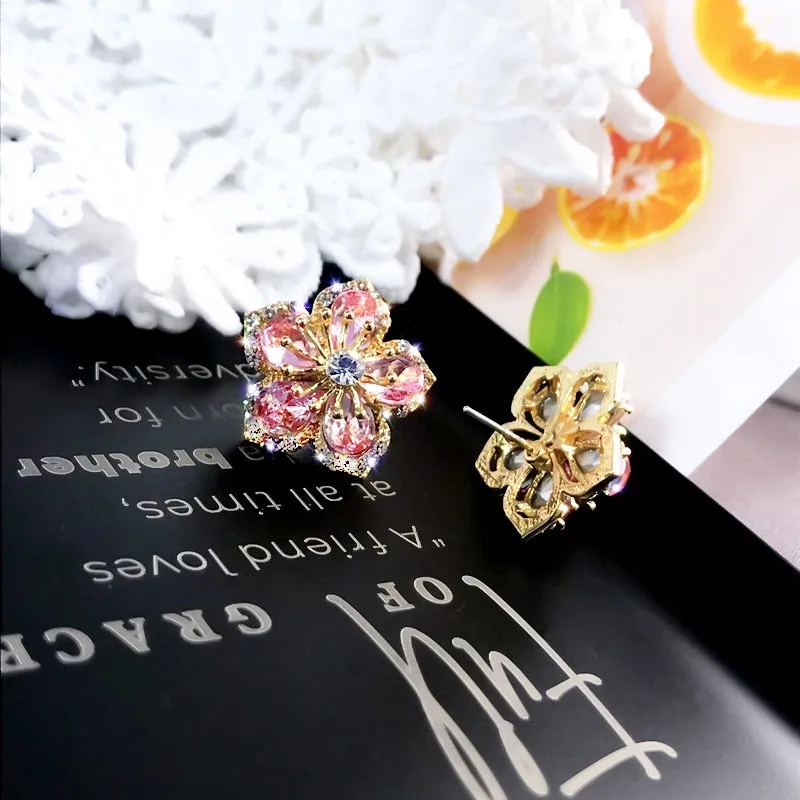 Wedding Jewelry Romantic Flower Stud Earrings for Women with Zircon in Gold Color