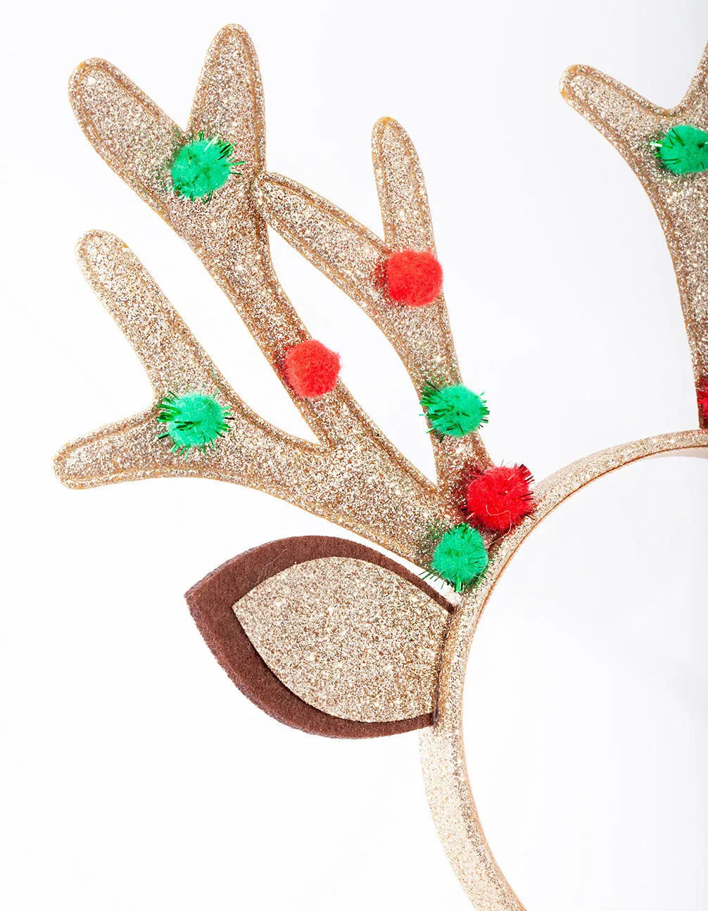 Xmas Fabric Green & Red Pompom Reindeer Headband