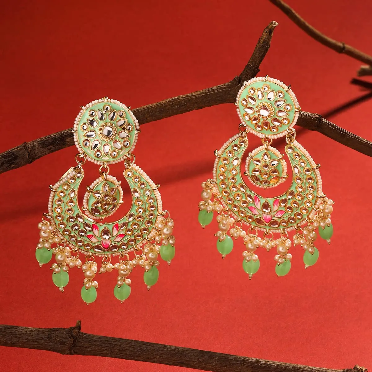 Yellow Chimes Earrings for Women and Girls Traditional Meenakari Chandbali | Gold Toned Green Meenakari Chandbali Earrings | Birthday Gift for girls and women Anniversary Gift for Wife