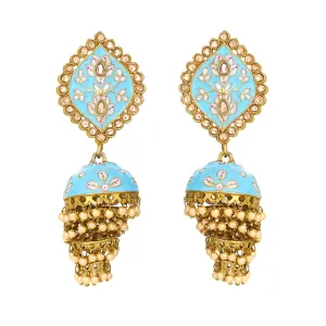 Yellow Chimes Ethnic Gold Plated Traditional Blue Meenakari Flower Design Golden Beads Jhumka Earrings for Women and Girls, Medium (YCTJER-104MNKJHK-BL)