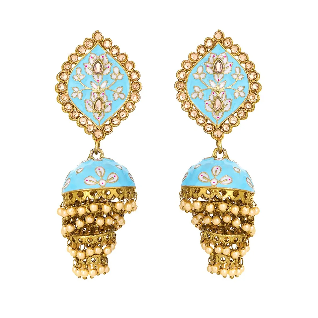 Yellow Chimes Ethnic Gold Plated Traditional Blue Meenakari Flower Design Golden Beads Jhumka Earrings for Women and Girls, Medium (YCTJER-104MNKJHK-BL)