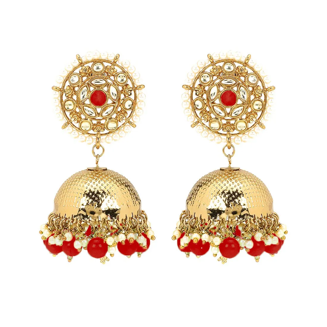 Yellow Chimes Ethnic Gold Plated Traditional Dome shaped Jhumki Red Beads Earrings for Women and Girls, gold, red, medium (YCTJER-KUNDJHUMK-RD)