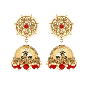 Yellow Chimes Ethnic Gold Plated Traditional Dome shaped Jhumki Red Beads Earrings for Women and Girls, gold, red, medium (YCTJER-KUNDJHUMK-RD)