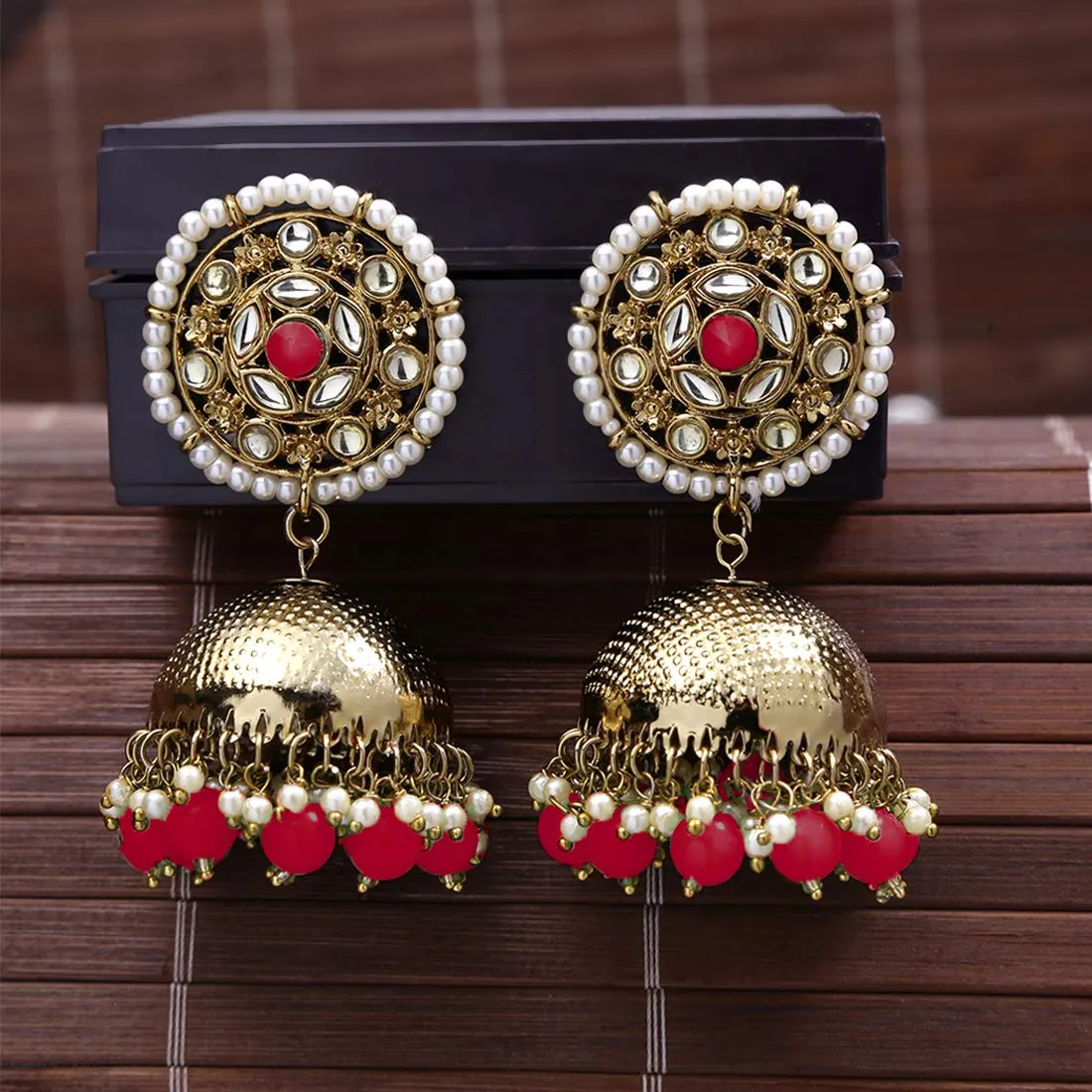 Yellow Chimes Ethnic Gold Plated Traditional Dome shaped Jhumki Red Beads Earrings for Women and Girls, gold, red, medium (YCTJER-KUNDJHUMK-RD)