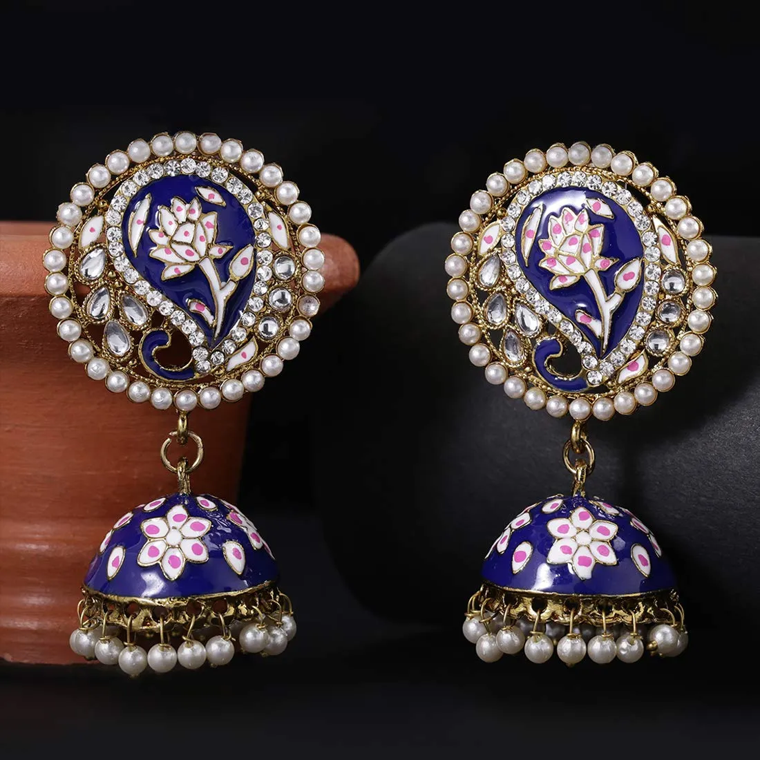 Yellow Chimes Meenakari Blue Jhumka Earrings Handcrafted Gold toned Traditional Moti Jhumka/Jhumki Earrings for Women & Girls