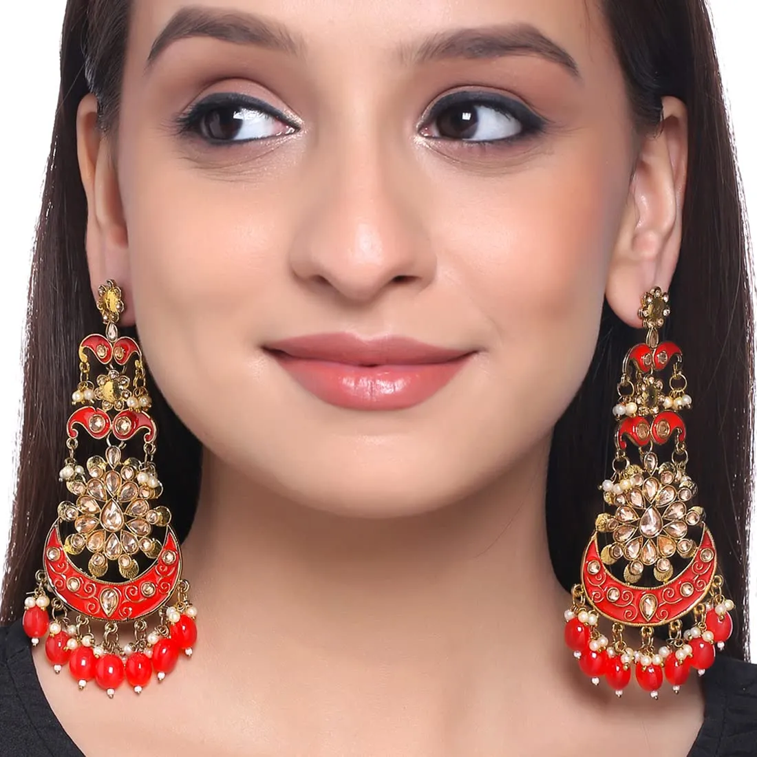 Yellow Chimes Meenakari Earrings for Women Ethnic Gold Plated Red Meenakari Traditional Kundan Floral Long Chandbali Earrings for Women and Girls